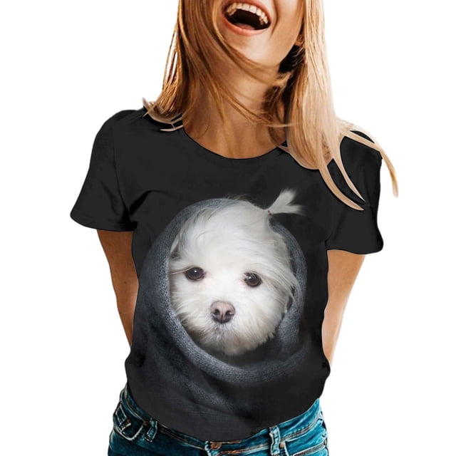 YDLCAFD T-Shirt Femme Mode Décontractée Imprimé Chiot Mignon Col Rond Manches Courtes T-Shirt Haut