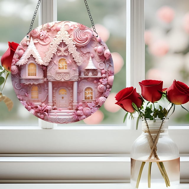 Letrero redondo para puerta del Día de San Valentín BLESIY con castillo rosa en 3D colgante para puerta estilo c