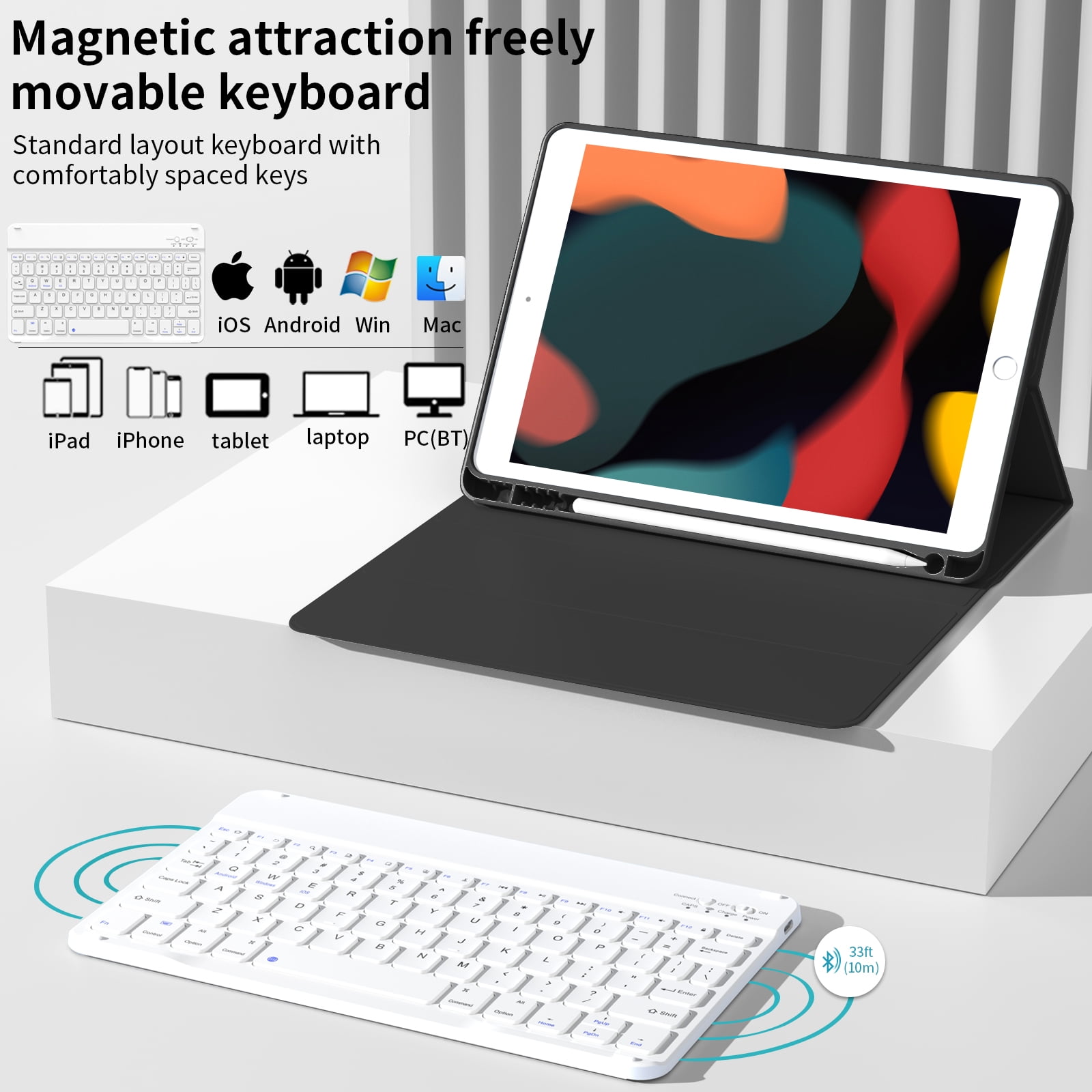 SZPSGC Keyboard Case for ipad 10.2" 9th/8th/7th Gen,Wireless Magnetic Detachable Keyboard for iPad 9th/8th/7th, with Built-in Pencil Holder, Black