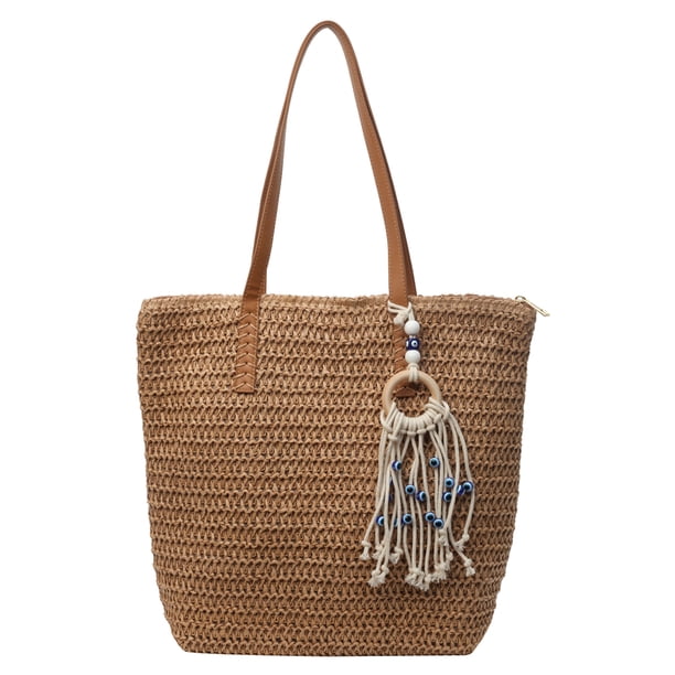 Bolso de playa de ganchillo para mujer, bolso de viaje tejido de gran capacidad con cierre de cremallera, bolso de paja Retro, bolso diario de verano para mujer