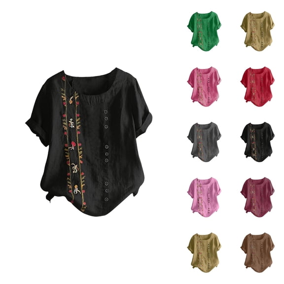 Vintage Boho Embroidered T Shirts for Women 2026 Summer Casual Short Sleeve Cotton Linen Crewneck Lightweight Tee Shirt