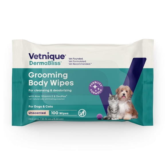 Vetnique DermaBliss Pet Wipes for Dogs & Cats for Grooming, Cleansing & Deodorizing, Thick Dog Wipes for Convenient Dog Cleaning and Natural Pet Odor Eliminator, 100ct (Unscented)