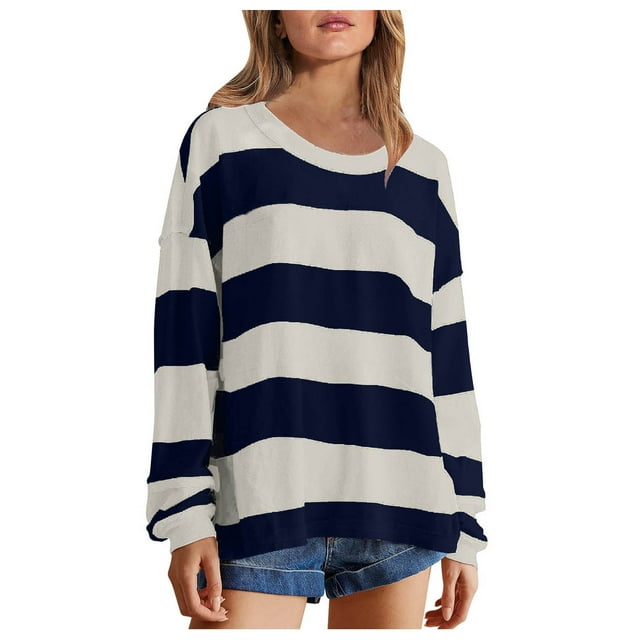 2DXuixsh Chandails à Capuchon pour Femmes Chandail Surdimensionné à Manches Longues Col Rond Chandails à Capuchon Chemises Chandail d'Automne Haut Tendance Preppy Vêtements Bleu Marine Taille TTG