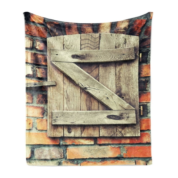 Rustic Soft Flannel Fleece Blanket, Natural Material Wooden Window of a Red Brick Country House Idyllic Pastoral Theme, Cozy Plush for Indoor and Outdoor Use, 50" x 70", Pale Brown, by Ambesonne