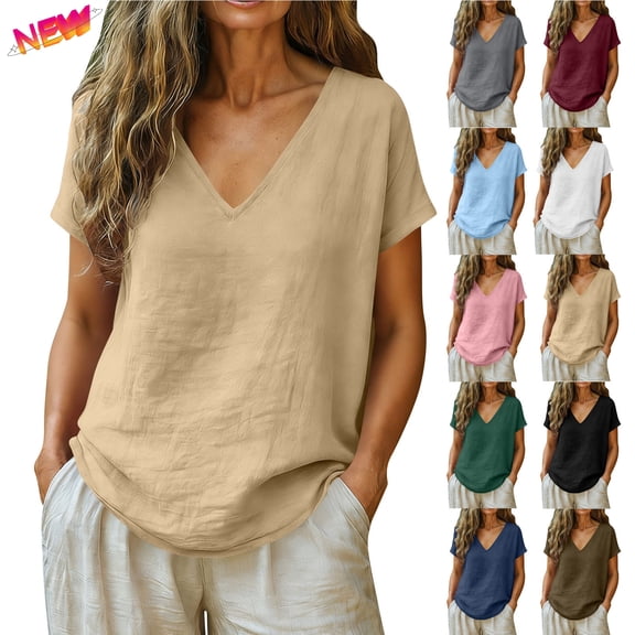 Taqqpue Plus Size Tops for Women Short Sleeve V Neck T-Shirts Tops Casual Loose Fit Button Tunics Shirts Summer Ladies Basic Tee Shirts S-XXL