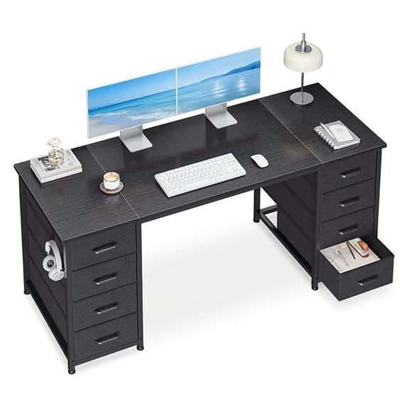 55 Inches Computer Desk with 8 Fabric Drawers, Modern Office Desk with Large Storage for Home Office, Study, Black