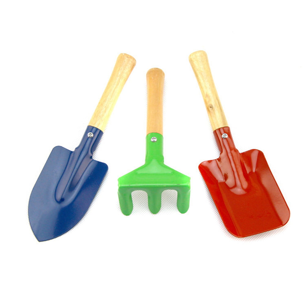Kids Garden Tools 3 Count - Metal w/Wooden Handles Shovel, Rake & Spade