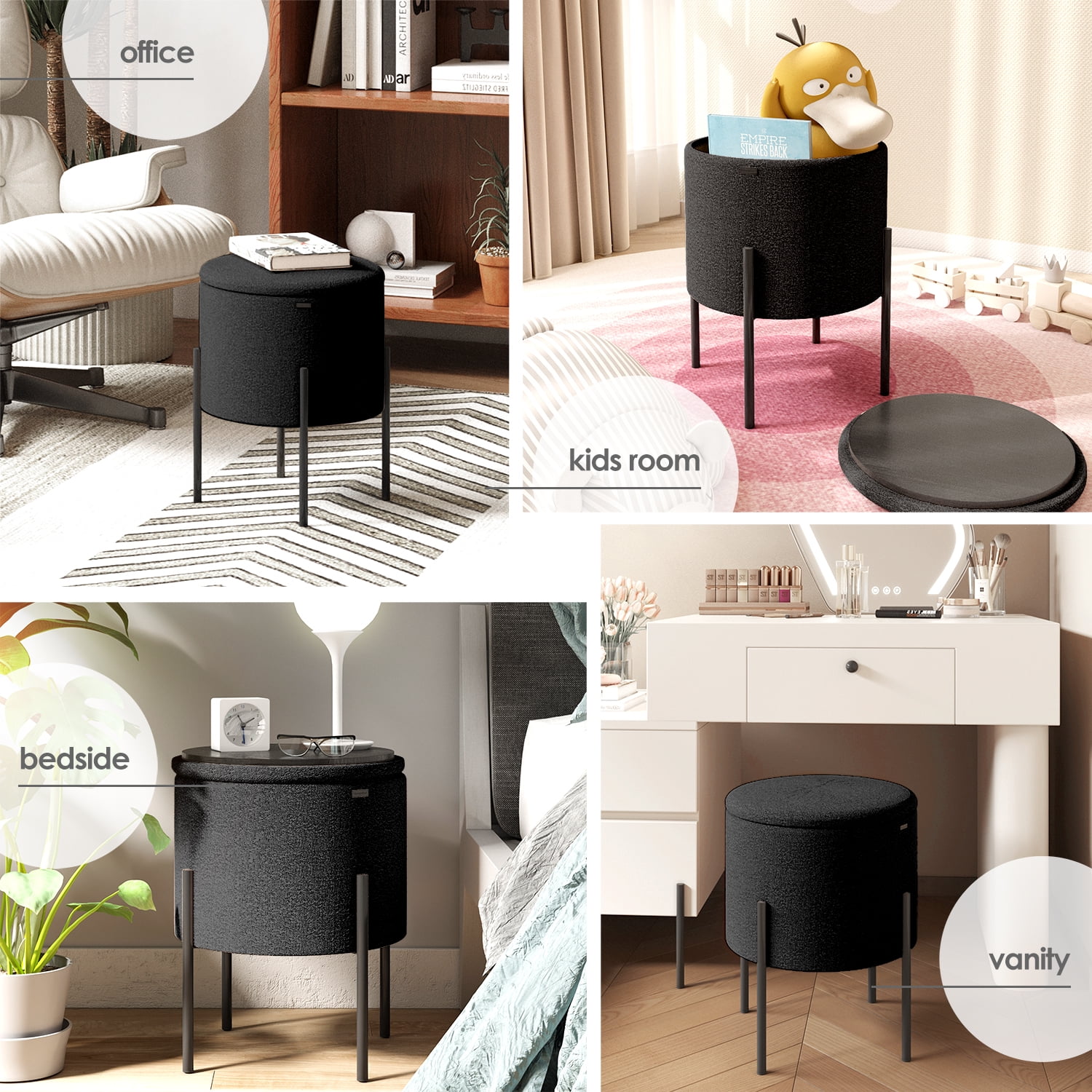 LammaLoe Small Round Ottoman with Storage, Boucle Ottoman Foot Stool with Lid, Upholstered Vanity Stool for Living Room & Bedroom, Black