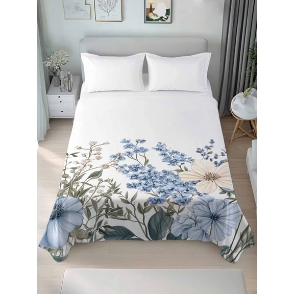 Blue Floral Spring Full Size Flat Sheet, Wrinkleproof & Fadeproof Cooling Flat Bed Sheet Only, Vintage Summer Botanical Flower Breathable Soft Bedding Top Sheets 81 x 96 Inches