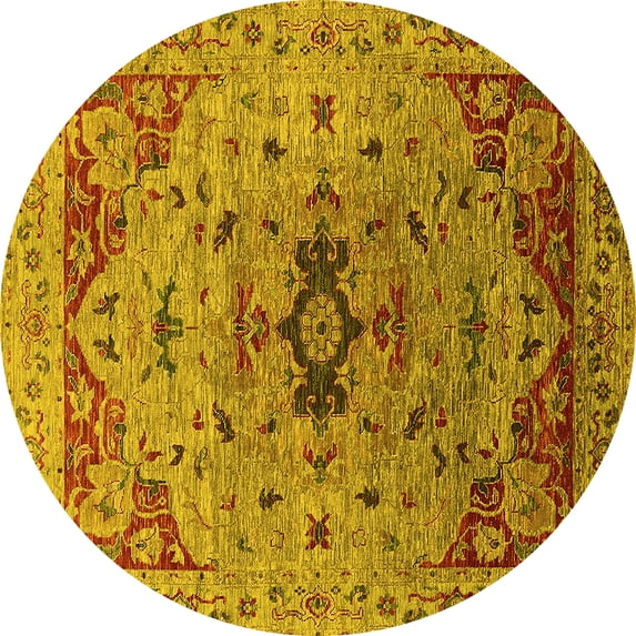 Ahgly Company Machine Washable Indoor Round Oriental Yellow Industrial Area Rugs, 7' Round