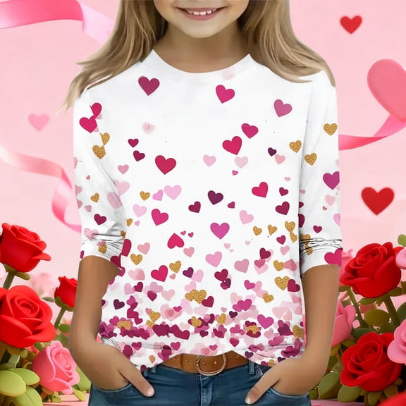 Girls Red Cold Shoulder Top, 3/4 Sleeve Heart Print Shirt with Glitter, Soft Stretch Casual Blouse for Girls Ages 4-12,Size 9-10T