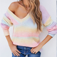 thumbnail image 3 of Chandails Foncés Femmes Automne et Hiver Manches Longues V-Cou Couleur Couture Rayé Imprimé Gradient Pull, 3 of 5