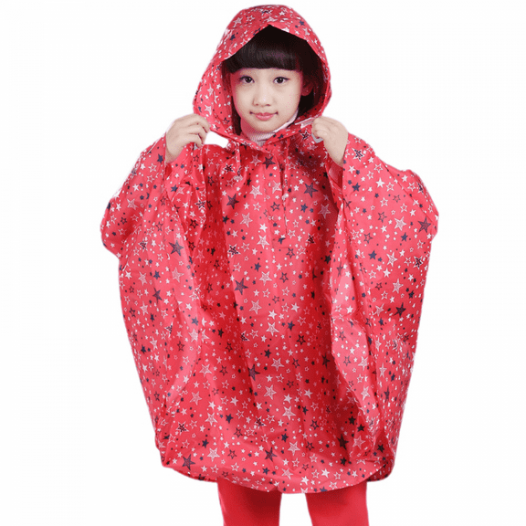 Kids Rain Poncho Hooded Jacket Rain Coat, Pink Star, S