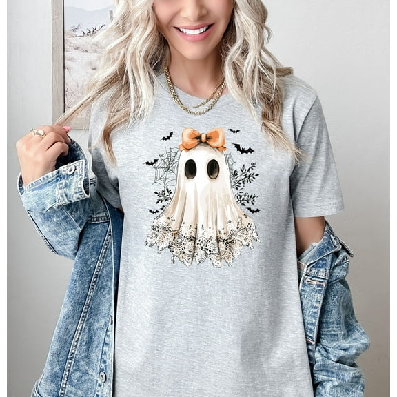Moonlight Apparel Cute Halloween T-Shirt Ghost with Bow Graphic Tee Spooky Lace Print Short Sleeve Top for Fall Holiday OutfitsParty and Holiday Style