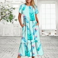 thumbnail image 2 of Penkiiy Women's Summer Casual Short Sleeve Crewneck Feather Print Dress Casual Flowy Tiered Maxi Beach Dress With Pockets 2XL Light Blue, 2 of 6
