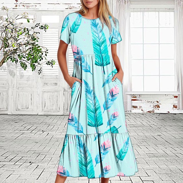 Fshaion Robe d'Été pour Femmes 2024 Grande Taille Décontractée Manches Courtes Col Rond Robe Décontractée Fluide à Étages Maxi Robe de Plage avec Poches Imprimé Plumes en Solde à Moins de 10!
