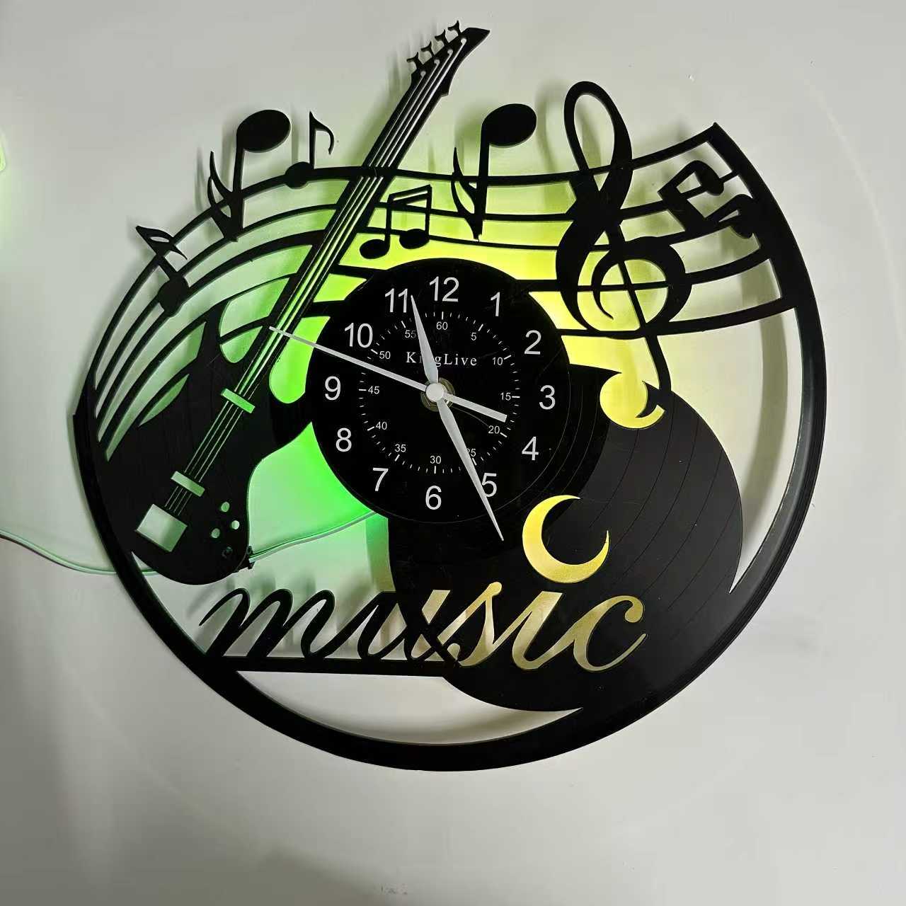 Guitar Vinyl Record Wall Clock with 7-Color LED Night Light, Silent Non-Ticking Music Theme Home Decor, Unique Music Lovers Gifts for Men Women Friends