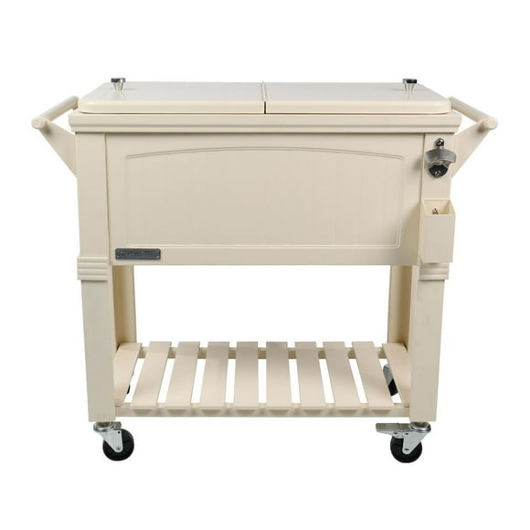 Permasteel 80 Qt Outdoor Patio Cooler – Cream, Faux Wood Design, Steel Construction