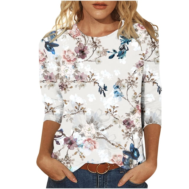 Pompotops T-shirt à Manches Mi-Longues 3/4 Imprimé Mode Femme Col Rond Haut Décontracté