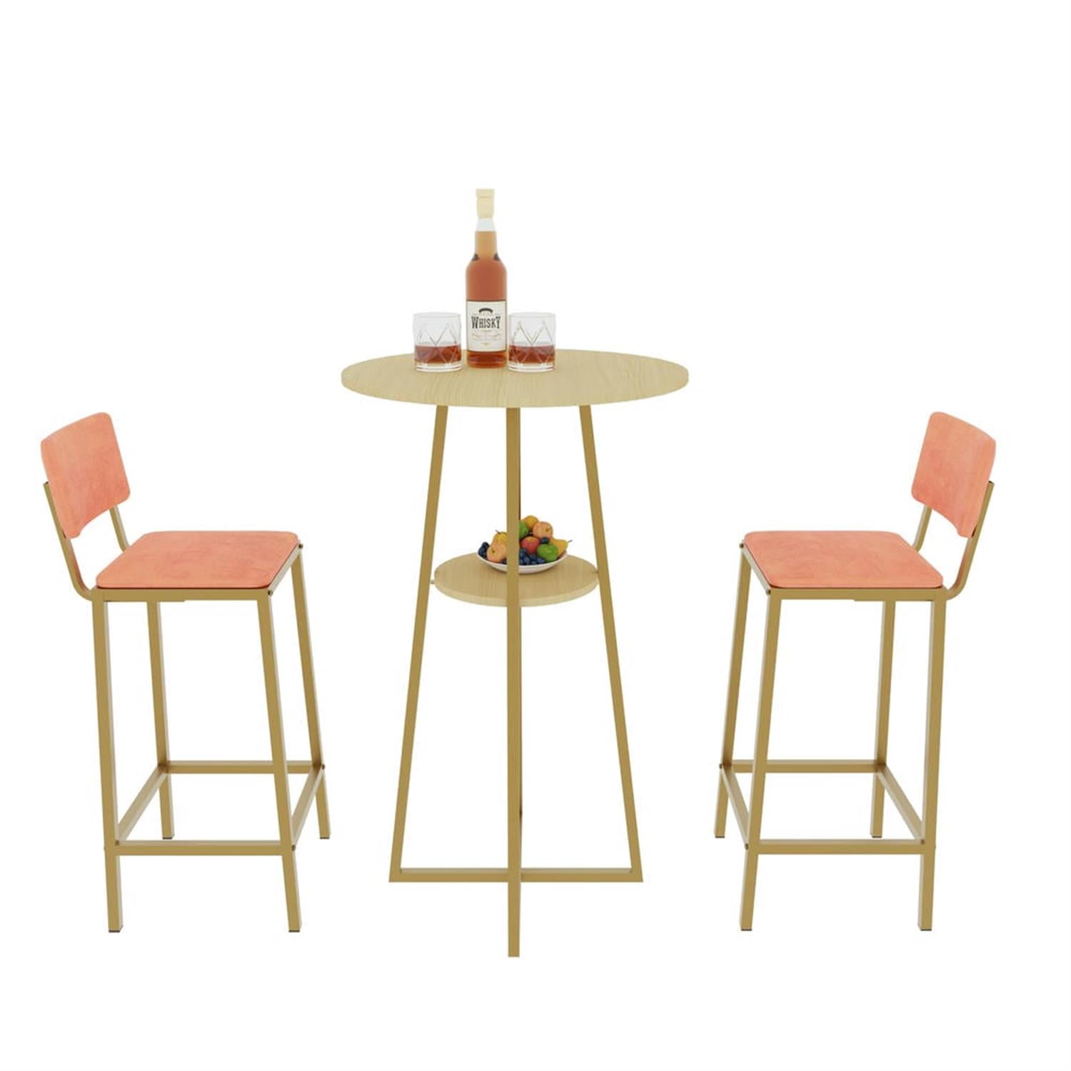 Demi Bonn 3-Piece Dining Table Set with 2 Upholstered Chairs and Storage, Kitchen Bar Table Furniture Sets for Dining Room, Apartment, Orange