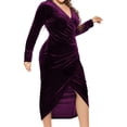 thumbnail image 3 of Long Sleeved V-Neck Women Solid Color Slim Fit Plus Size Knee-Length Dress, 3 of 4
