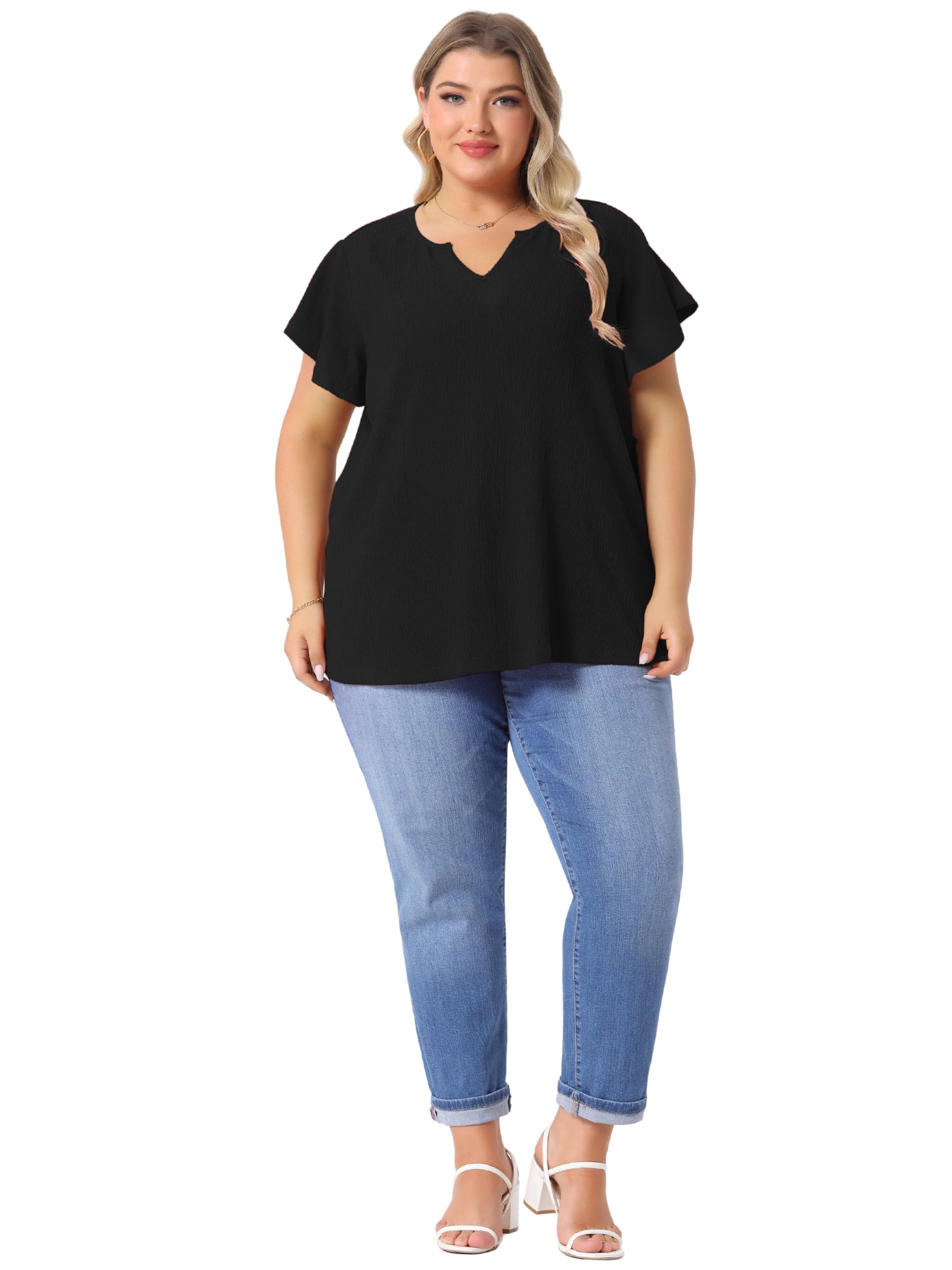 DARING DIVA Women's Plus Tops V Neck Ruffle T Shirt Blouses 3X Black