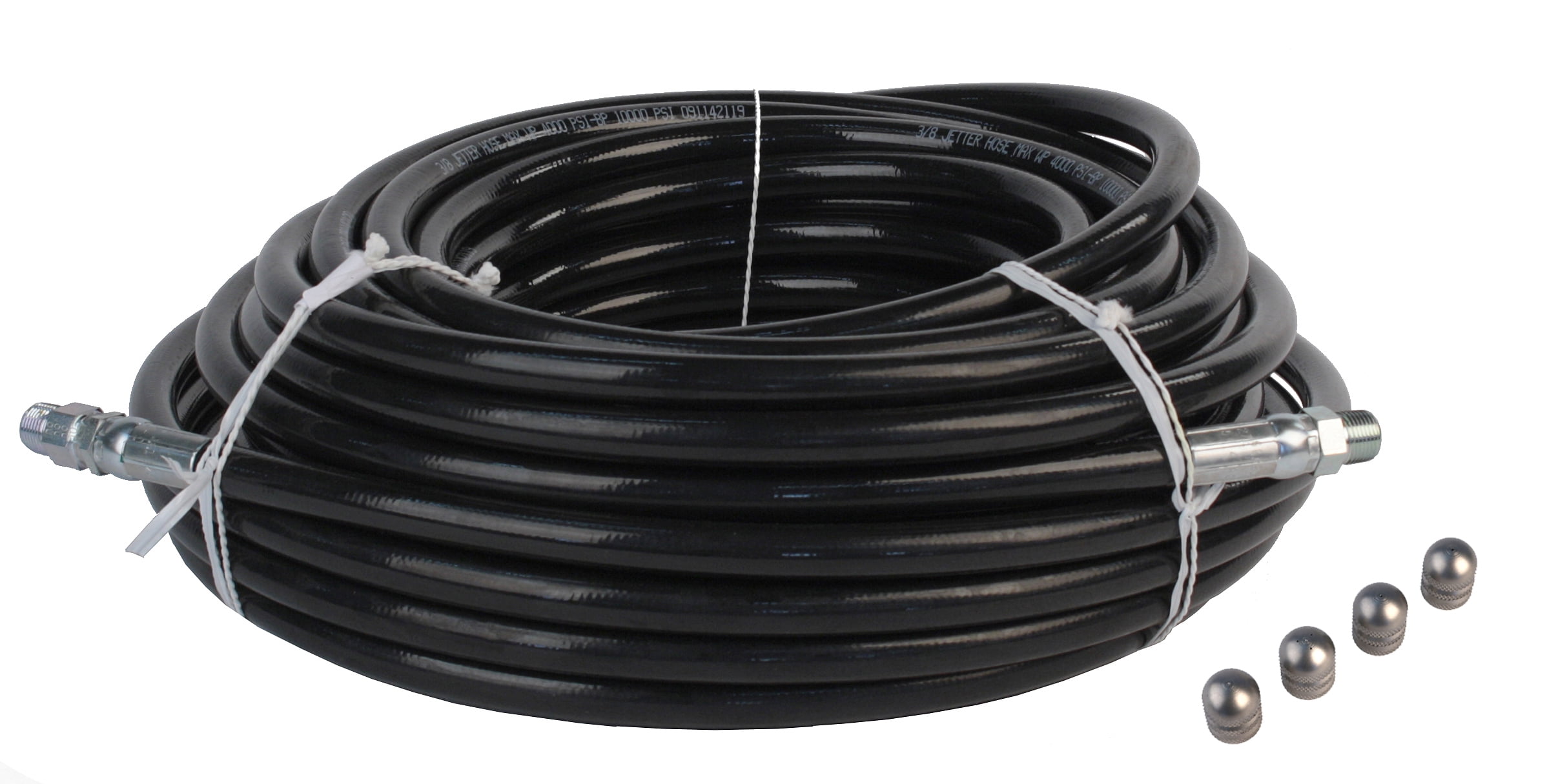 Schieffer 1/4in x 200ft 4400 PSI Thermoplastic Sewer Jetter Hose & 4.5 Orifice Button Nose Nozzle 