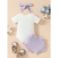 thumbnail image 3 of Suealasg Baby Girl Outfit 3 6 9 12 18 Months Short Sleeve Letter Print Romper+ Elastic Waist Shorts +Headband Newborn Girl Summer Casual Clothes Set 12-18 Months, 3 of 6