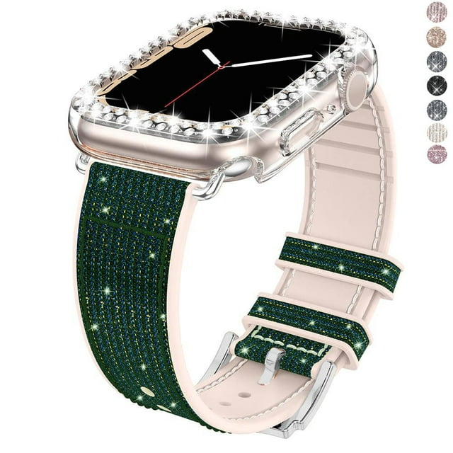 Compatible with Apple Watch Band 45mm with Case Women ,Blingbling Leather and Silicone Band with Diamond Case (without screen protector) for iWatch Series 7