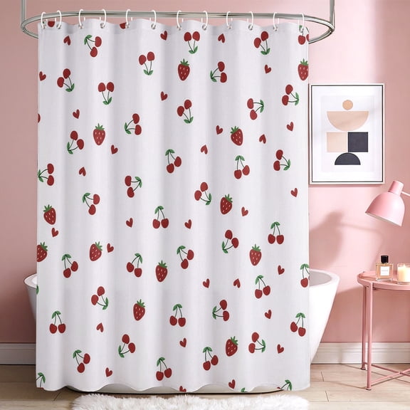 Annvchi Cute Strawberry & Cherry Shower Curtain, 72 x 72 Inch Fabric Bathroom Curtain with 12 Hooks, White Fruit Pattern Decor
