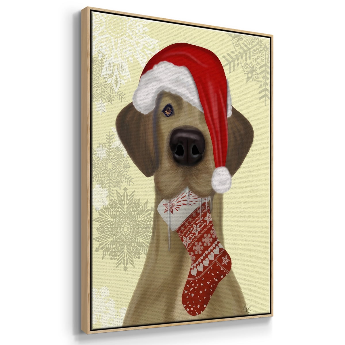 Christmas Drooly Christmas Dane - Framed Gallery Wrapped Holiday Canvas - 27 x 41 - Natural Wood Frame