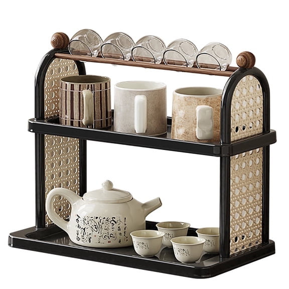 2-Tier Vintage Mug Holder & Cup Rack - Faux Rattan Coffee Bar Organizer for Countertop, Kitchen & Office Storage, Black Plastic