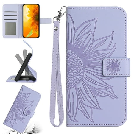 Feishell Slim Wallet Case for iPhone 16,for Men Women,Sunflower Embossed Pattern PU Leather Flip Cover Magnetic Closure Card Slots Stand Phone Case with Hand Strap,Lightpurple