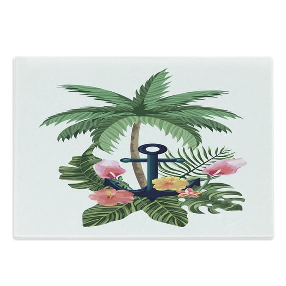 Vintage Nautical Tattoo Cutting Board, Tropical Palm Trees Anchor and Exotic Hibiscus, Decorative Tempered Glass Cutting and Serving Board, in 3 Sizes, by Ambesonne