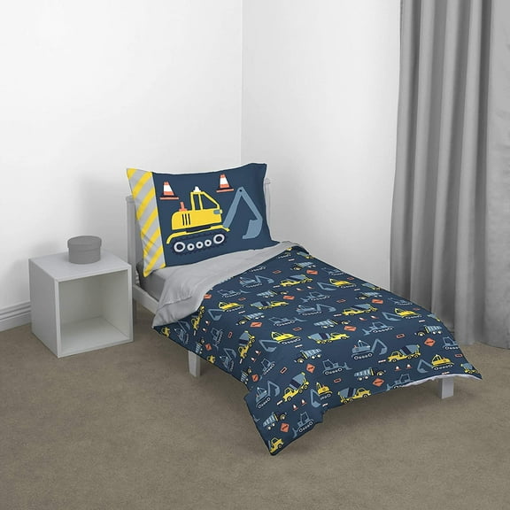 Carter's Construction Time 4 Piece Toddler Bedding Set, Navy, Yellow, Grey, Orange