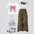 thumbnail image 3 of Grblisyd Girls Summer Outfits 2 Piece Cute Bow Print T-Shirt Tops and Cargo Pants Summer Outfits Kids 8-12Y, 3 of 3