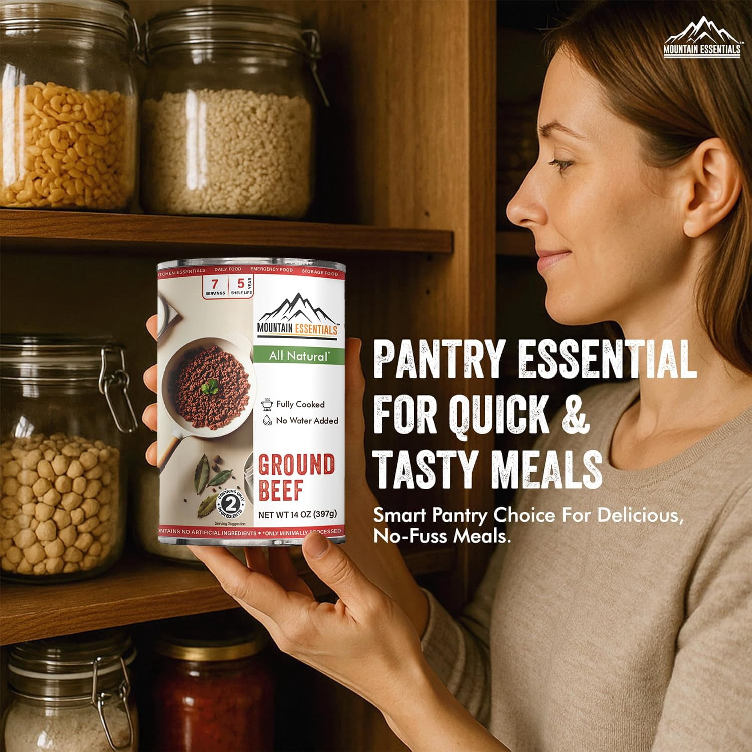 Mountain Essentials Canned Ground Beef, Fully Cooked Ready-to-Eat, 14 oz (Pack of 6), Long Shelf-Life Emergency Food