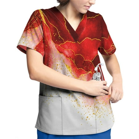 

Hanas Tops Plus Size Printed Scrub Working Uniform Tops For Women V-Neck Short Sleeve T-Shirts Workwear Tee With Pockets Red/XXXL