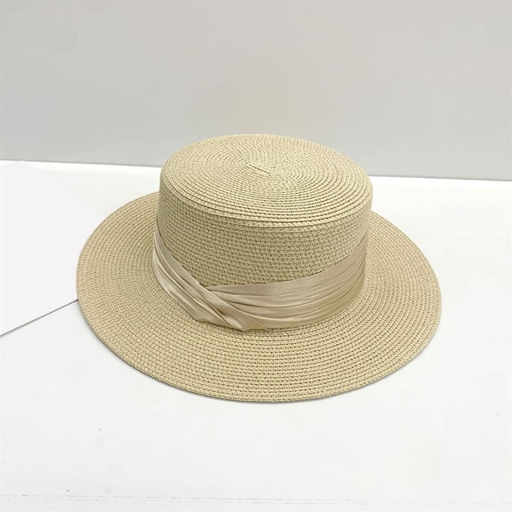 Woven Straw Boater Hat, Wide Brim Sun Hat for Women and Men, Natural Fiber Panama Hat for Beach, Garden Party, Resort Wear and Summer Outdoor-Beige