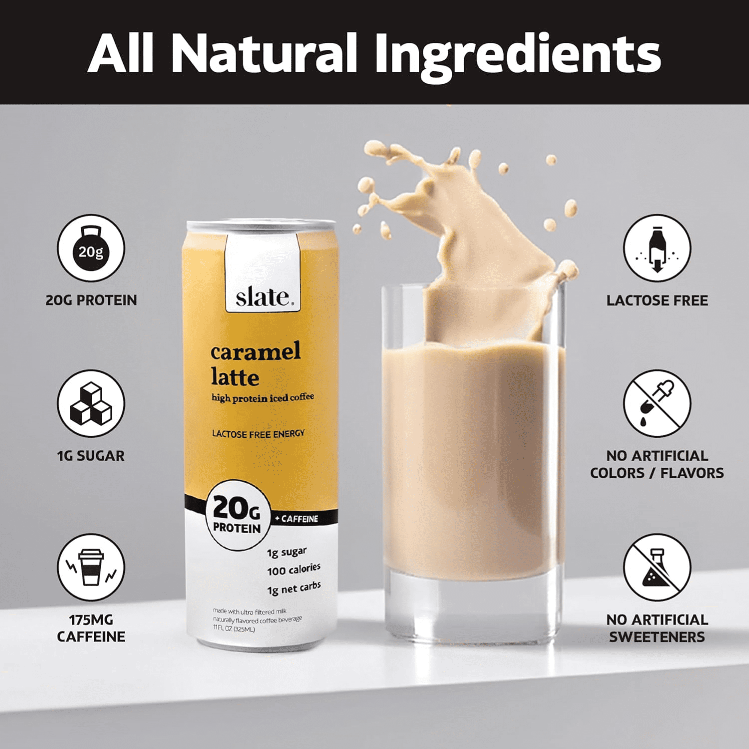(2 pack) Slate Milk Caramel Latte, High Protein Iced Coffee, 20g Protein, 11 fl oz Can, Ready to Drink