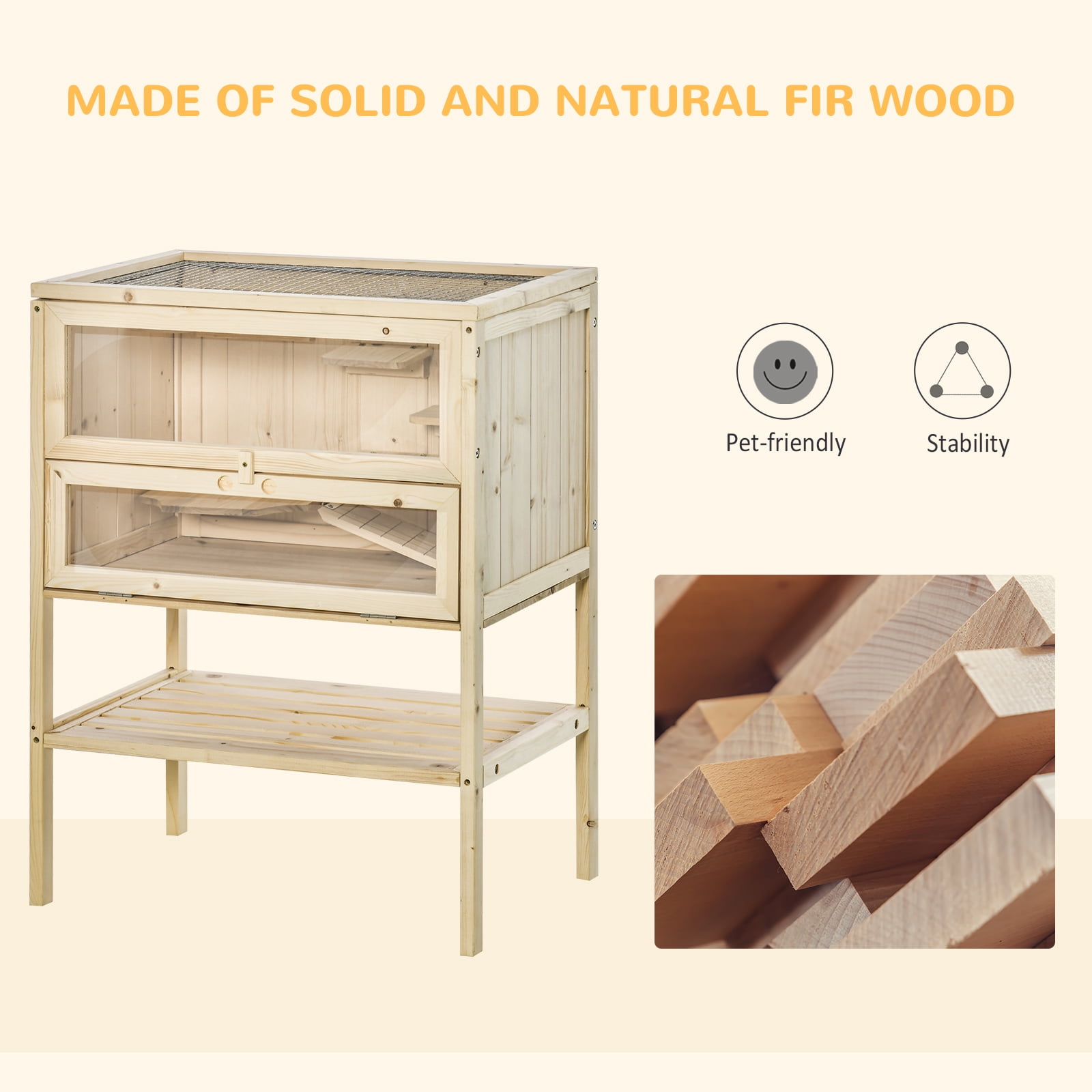 3-Tier Wooden Hamster Cage with Openable Top, Door, Shelf, Natural Wood