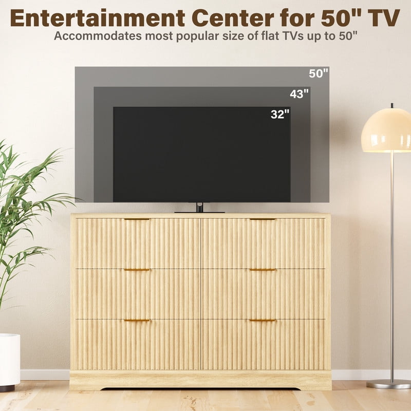 Lacoo 6 Drawer Fluted Dresser, Modern Ribbed Chest of Drawers with Gold Handles, Large Storage Dresser TV Stand for 50" TV