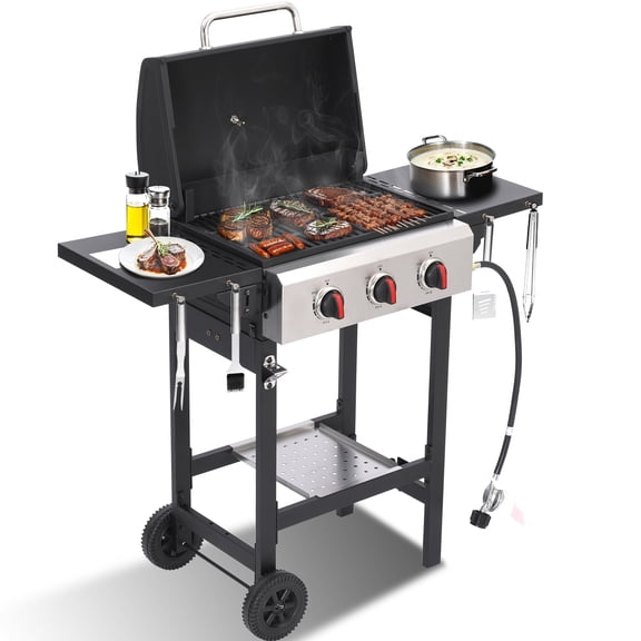 3-Burner Propane Gas Grill with Cast Iron Grate - 30000 BTU Output & Easy-Clean Grease Management for Perfect BBQs (3-Burner)