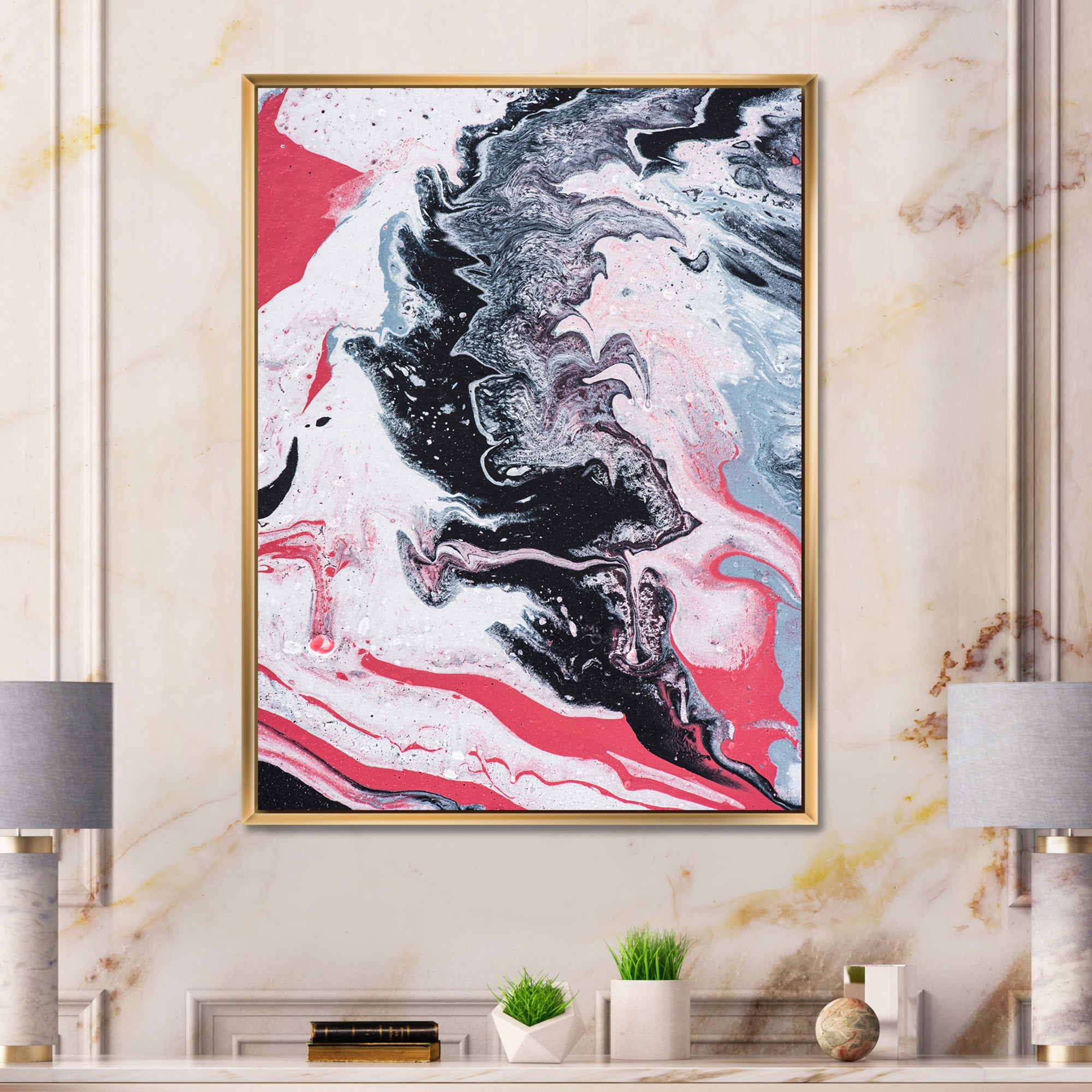 Abstract Marble Composition In Gray and Pink I 16 in x 32 in Framed Painting Canvas Art Print, by Designart