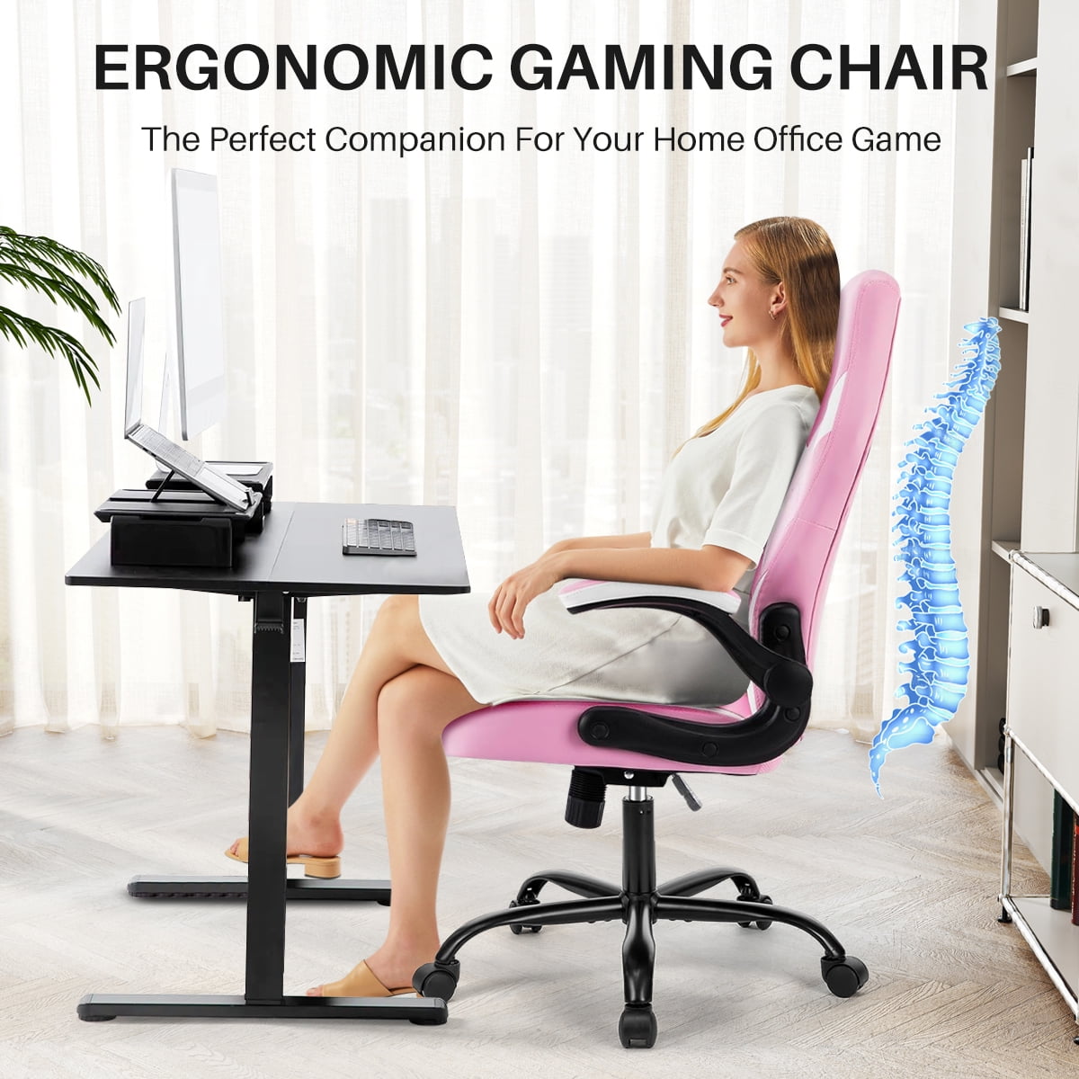 Bigleap Gaming Chair, Ergonomic Office Leather Racing Chair with Flip-up Armrest, White Pink