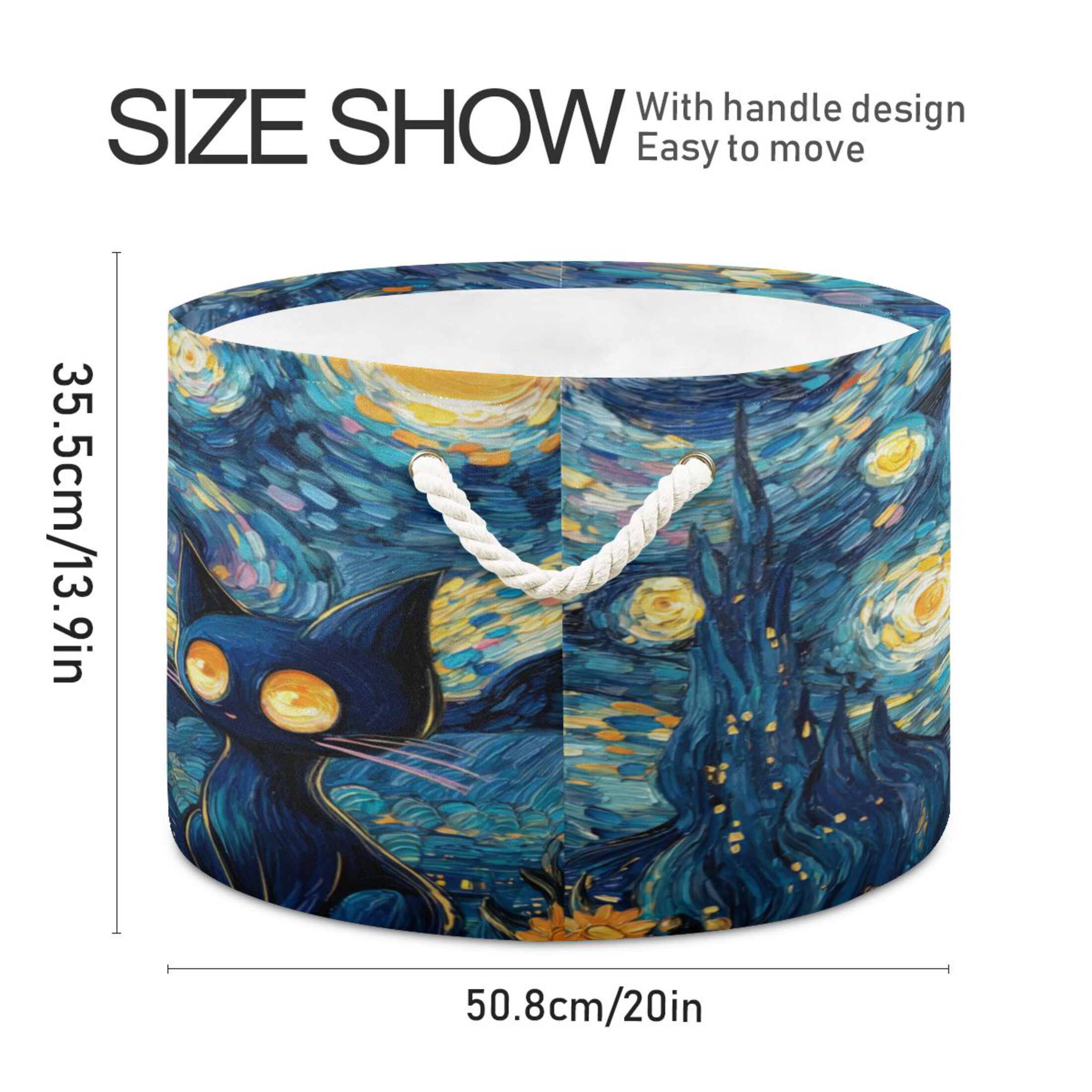 Round Toy Storage Basket Foldable Storage Basket for Home Decor Laundry Basket20" x 14" Mysterious Black Cat