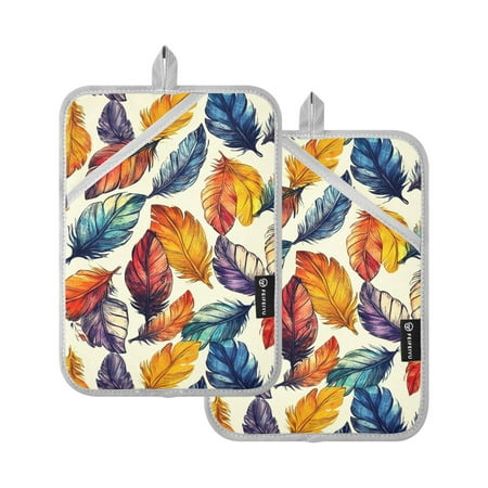 

Colored Feathers Oven Mitts Pot Holders 2 pcs Heat Resistant for Kitchen Baking Grilling