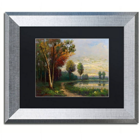 Trademark Fine Art "Landscape with a Lake" Canvas Art by Daniel Moises, Black Matte, Silver Frame