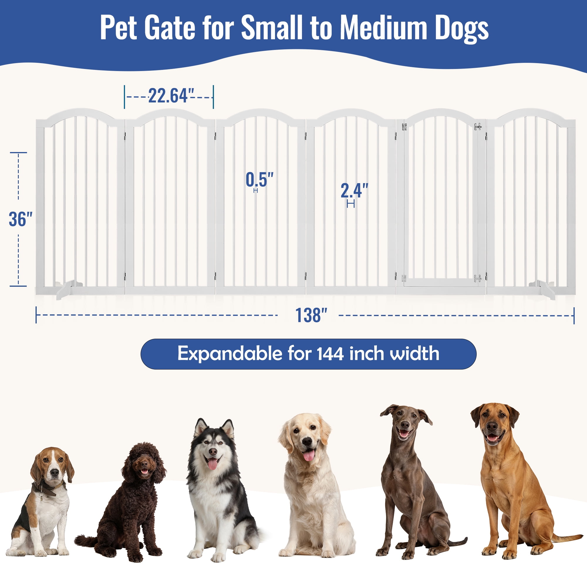 TrumanPick 36" H Extra Tall Dog Gates for Doorways, 6-Panel Foldable Pet Gate, 2 Support Feet Dog Fence for Stairs 138"L, White