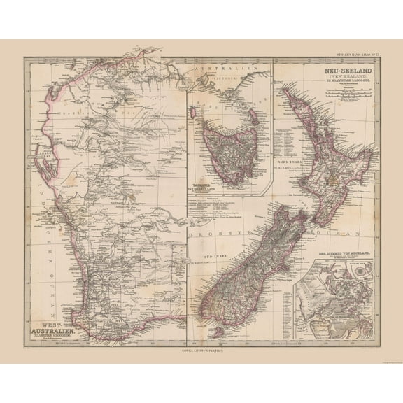 Historic Map - Australia West New Zealand - Stieler  1885 - Vintage Wall Art
